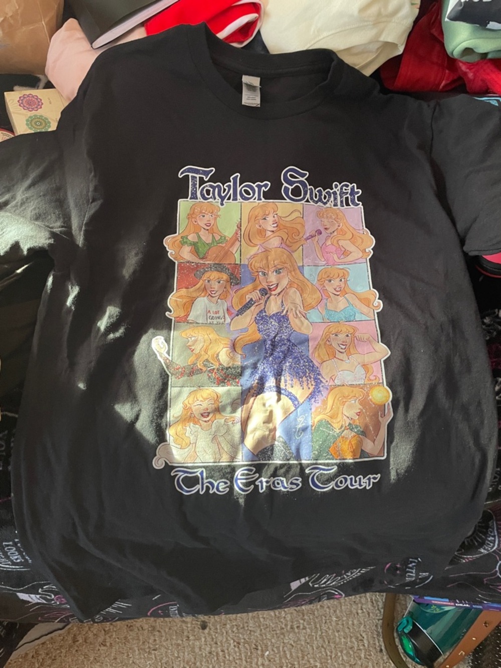 Taylor Swift Black Tee with Colorful Cartoon Eras Collage